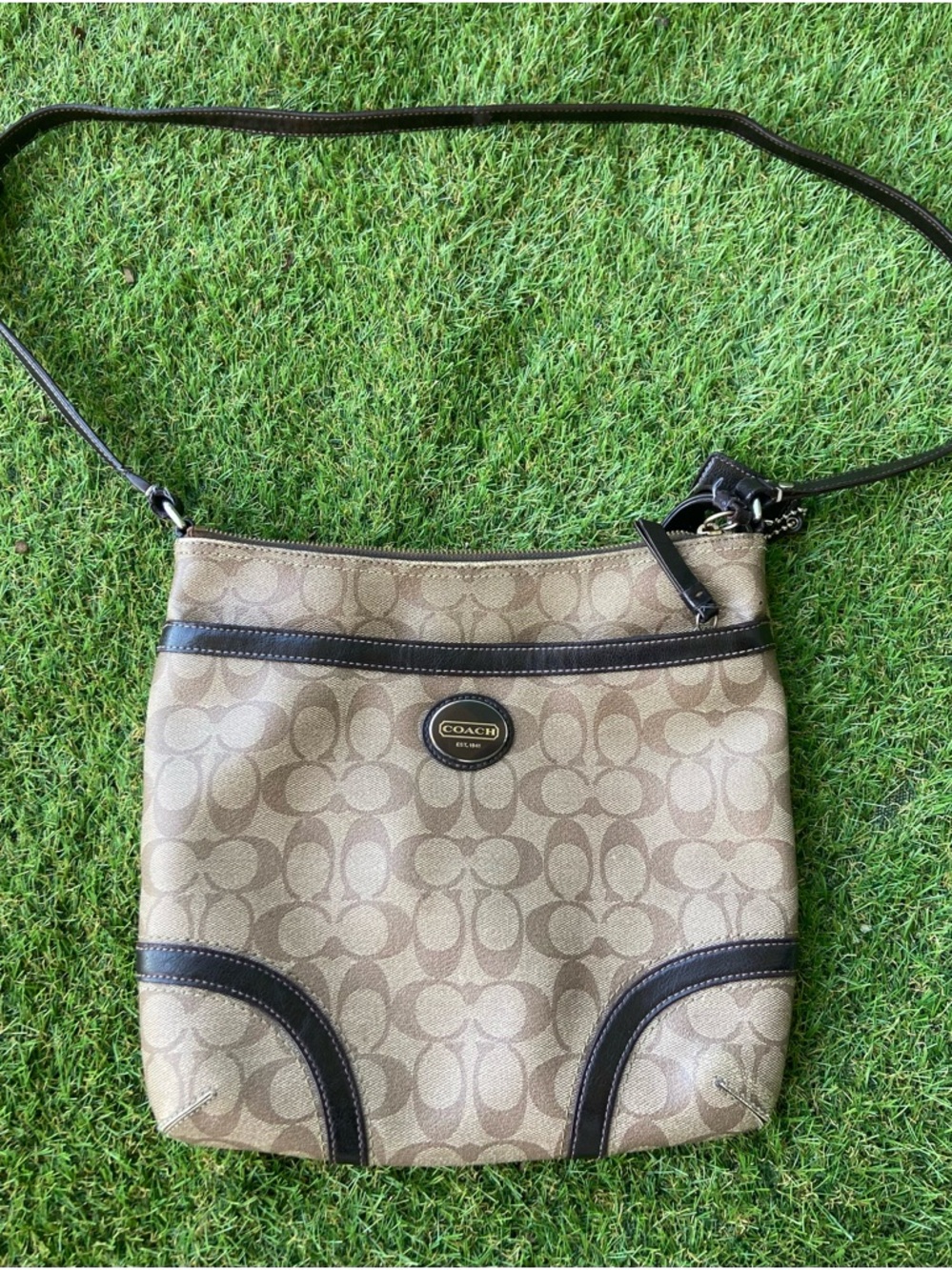 Vintage Coach Khaki and Brown Signature Crossbody Bag